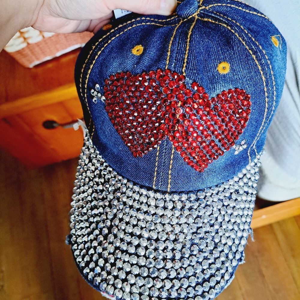 Double Heart blinged Denim Ball Cap